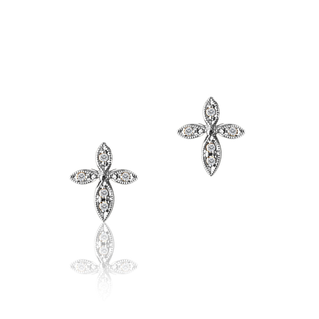 14K White gold cross diamond earrings