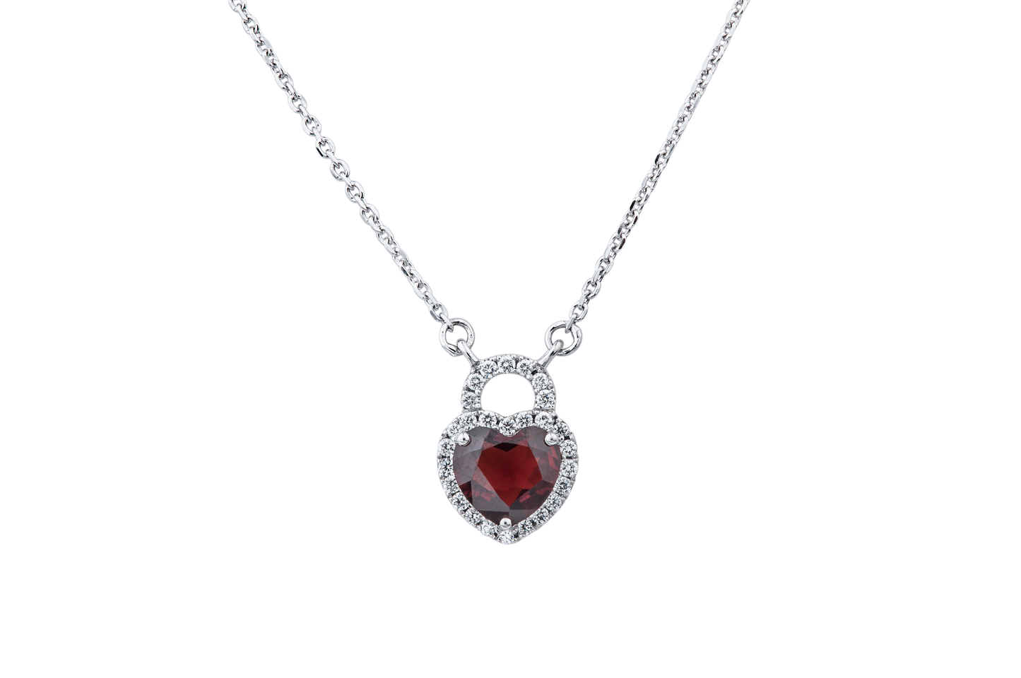 14K White Gold Diamond And Garnet Heart Lock Necklace