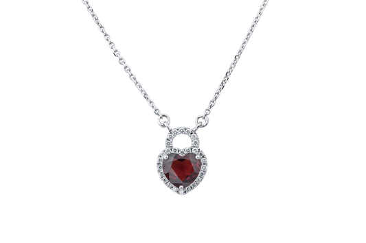 14K White Gold Diamond And Garnet Heart Lock Necklace