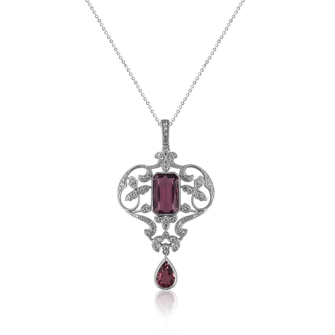 18K White gold necklace with diamonds and pink tourmaline