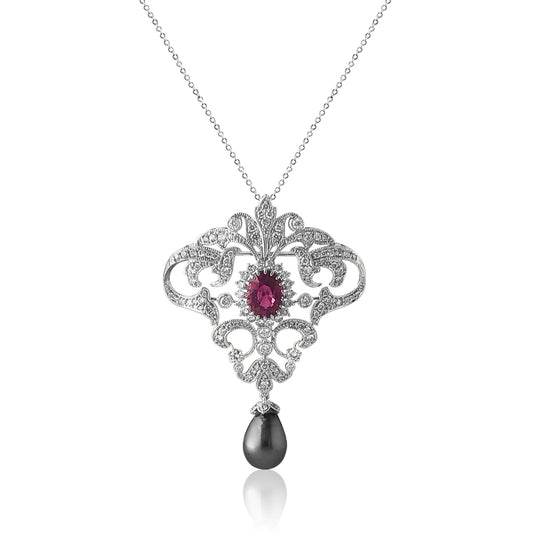 18K White gold necklace with diamonds tourmaline and pearl