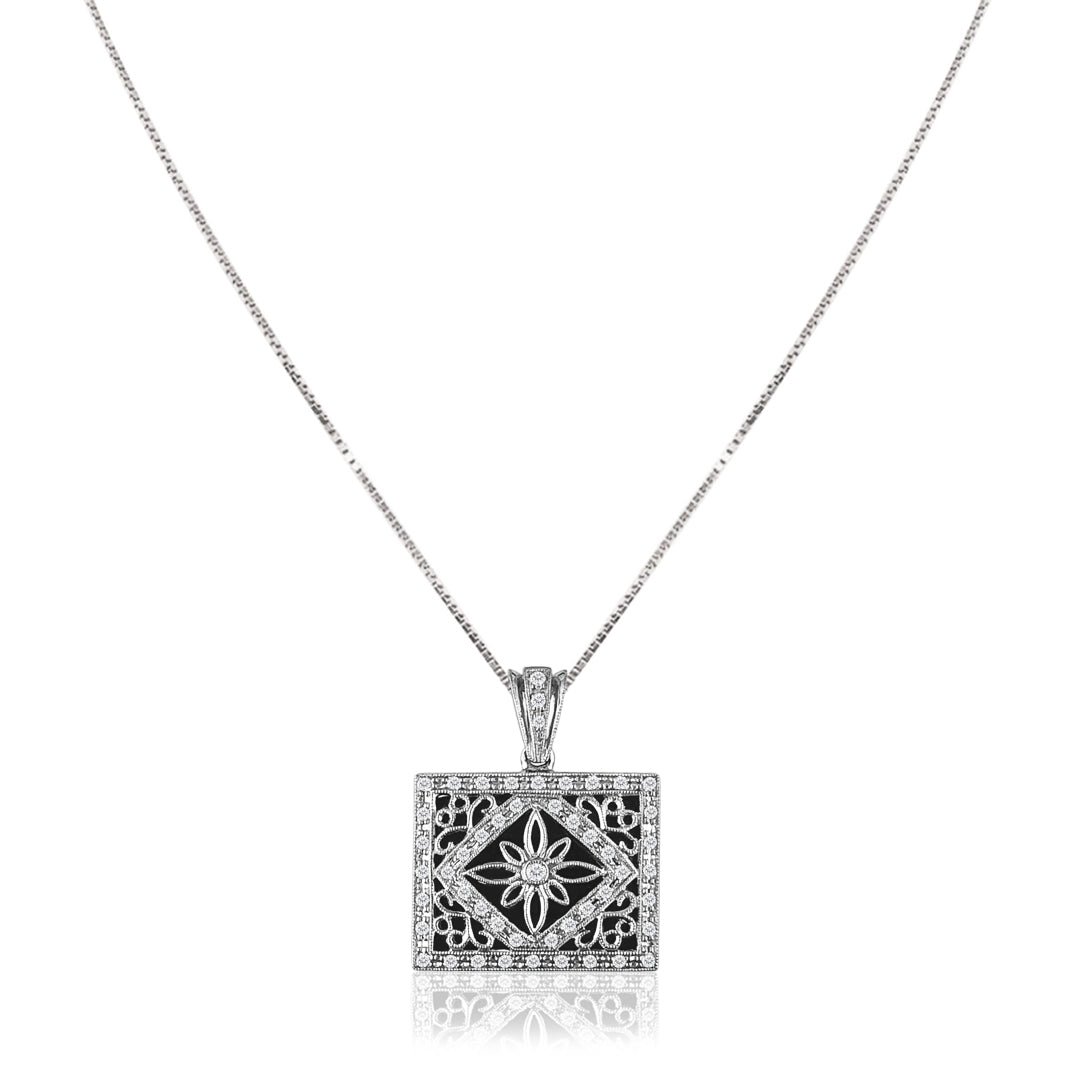 18K White gold locket necklace with black onyx and diamonds