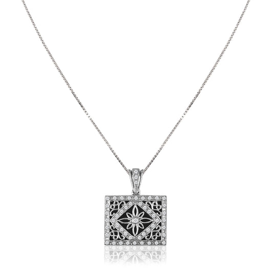 18K White gold locket necklace with black onyx and diamonds