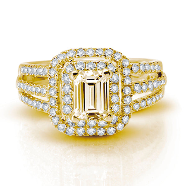 18K YELLOW GOLD DOUBLE HALO DIAMOND ENGAGEMENT RING