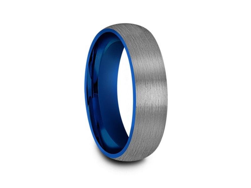 Brushed Tungsten Wedding Band - Blue Plated inlay - Gunmetal - Two Tone - Engagement Ring - Dome Shaped - Comfort Fit 6mm - Vantani Wedding Bands