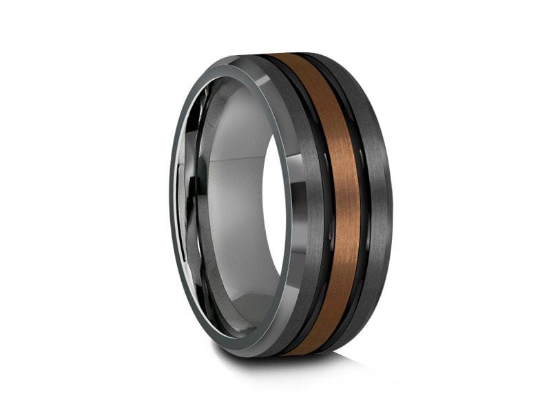 Brushed Tungsten Wedding Band - Rose Gold Plated Inlay - Gunmetal - Two Tone - Engagement Ring - Beveled Shaped - Comfort Fit 8mm - Vantani Wedding Bands