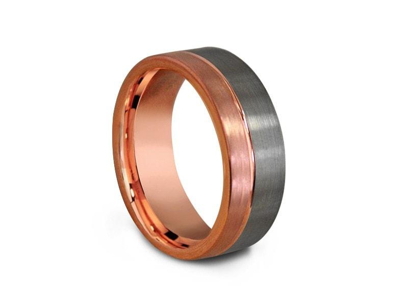 Rose Gold Tungsten Wedding Band - Brushed Polished - Engagement Ring - Two Tone - Flat Shaped - Comfort Fit 8mm - Vantani Wedding Bands