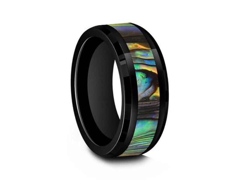 Black Ceramic Ring With Abalone Inlay - Abalone Shell Wedding Band - Beveled Edges - Anniversary Ring - Comfort Fit  8mm - Vantani Wedding Bands