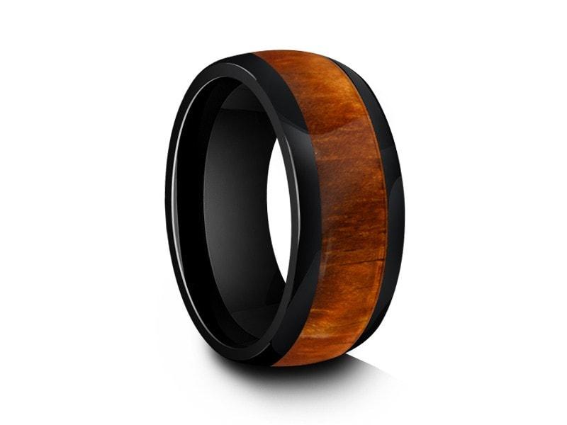 HAWAIIAN Koa Wood Inlay Black Ceramic Ring - Ceramic Wedding Band -5th.  Anniversary - Engagement Ring - Dome Shaped - Comfort Fit  8mm - Vantani Wedding Bands