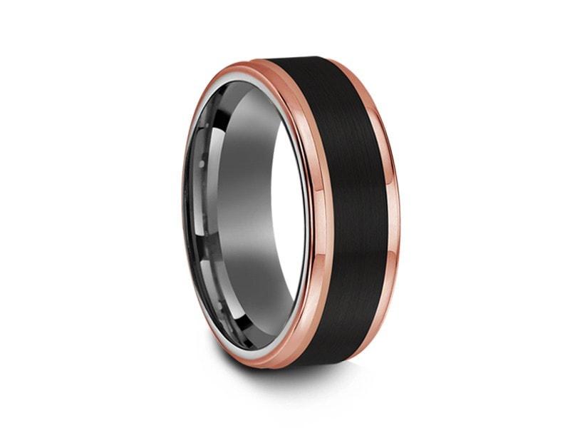 Brushed Black Tungsten Wedding Band - Rose Gold Edges - Three Tone Ring - Engagement Band - Ridged Edges - Comfort Fit 8mm - Vantani Wedding Bands