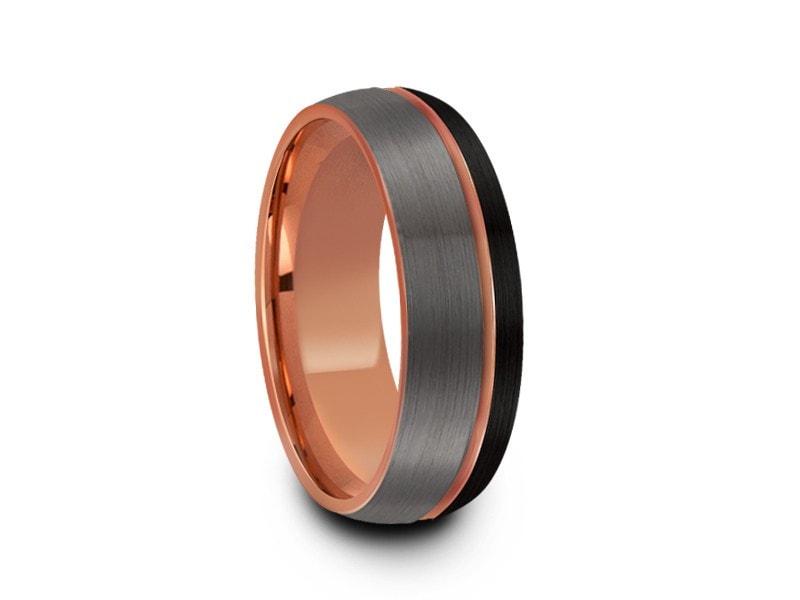 Rose Gold Tungsten Wedding Band - Brushed Polished - Engagement Ring - Three Tone - Dome Shaped - Comfort Fit 8mm - Vantani Wedding Bands