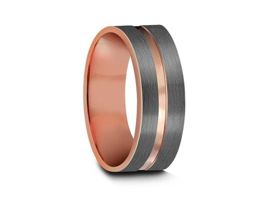 Rose Gold Tungsten Wedding Band - Gray Brushed Ring - Rose Gold Plated Inlay - Two Tone - Engagement Ring - Flat Shaped  - Comfort Fit 8mm - Vantani Wedding Bands