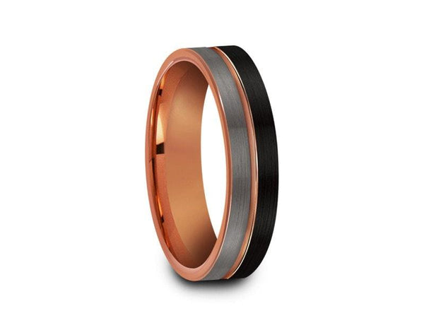 6MM BRUSHED GRAY AND BLACK FLAT Tungsten Wedding Band ROSE GOLD CENTER AND  ROSE GOLD INTERIOR