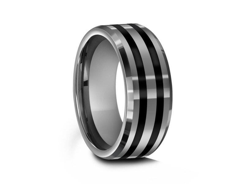 Tungsten Wedding Band With Black Enamel Lines - Gray Gunmetal - Engagement Ring - Two Tone Ring - Beveled Shaped - Comfort Fit 8mm - Vantani Wedding Bands