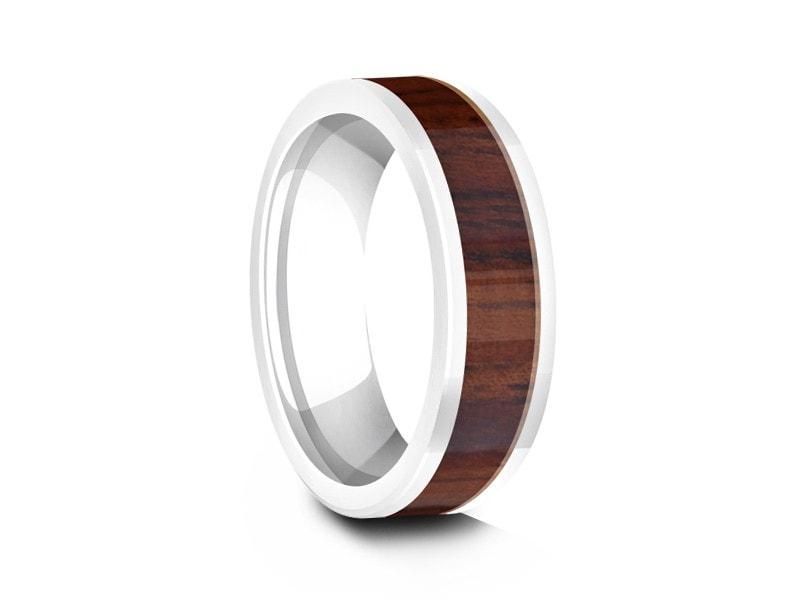 HAWAIIAN Koa Wood Inlay White Ceramic Ring - Ceramic Wedding Band - 5th. Anniversary - Flat Shaped - Engagement Ring -  Comfort Fit  6mm - Vantani Wedding Bands