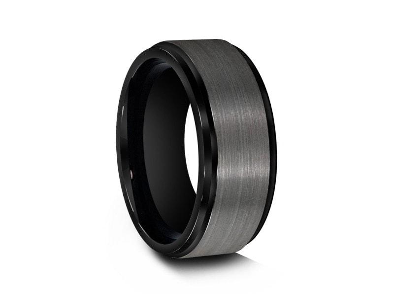 Brushed Gunmetal Tungsten Wedding Band - Engagement Ring -Black Inlay - Ridged Edges - Comfort Fit 8mm - Vantani Wedding Bands