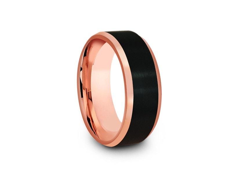Black & Rose Gold Tungsten Wedding Band - Brushed Polished - Two Tone Ring - Engagement Band - Beveled Shaped - Comfort Fit 8mm - Vantani Wedding Bands