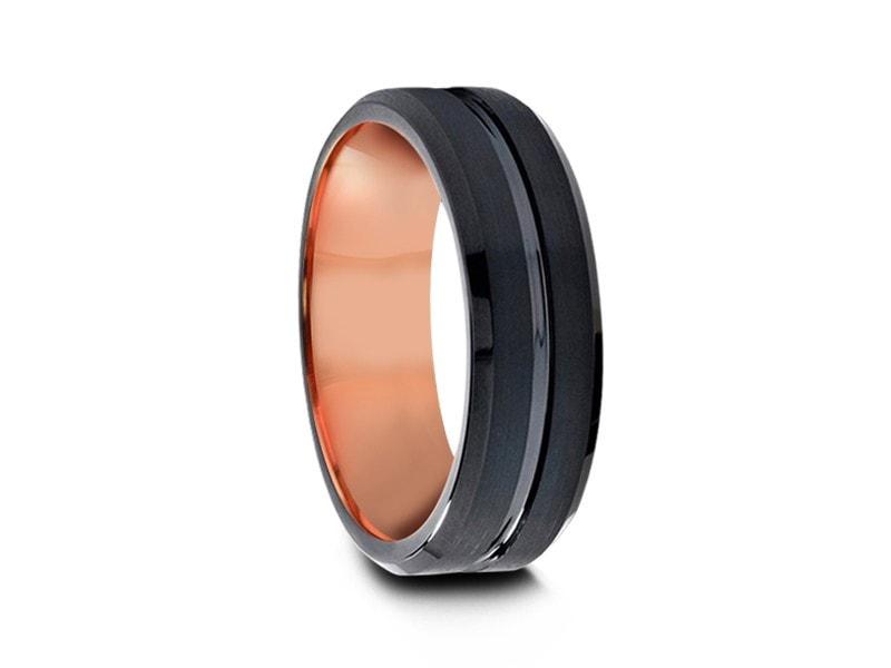 Black & Rose Gold Tungsten Wedding Band - Brushed Polished - Two Tone Ring - Engagement Band - Beveled Shaped - Comfort Fit 6mm - Vantani Wedding Bands