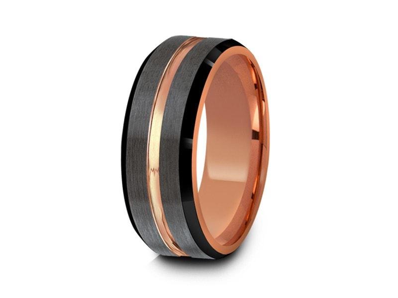 Rose Gold Tungsten Wedding Band - Brushed Polished - Engagement Ring - Three Tone - Beveled Shaped - Comfort Fit 8mm - Vantani Wedding Bands