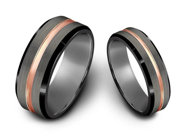6MM/8MM BRUSHED GRAY GUNMETAL Tungsten Wedding Band Set ROSE GOLD CENTER  AND GRAY INTERIOR