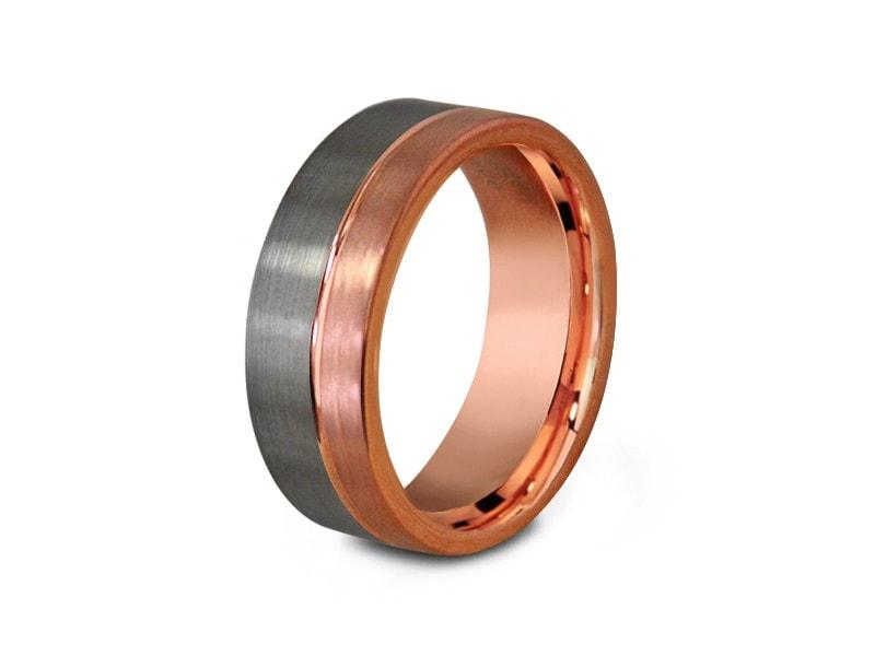 Rose Gold Tungsten Wedding Band - Brushed Polished - Engagement Ring - Two Tone - Flat Shaped - Comfort Fit 8mm - Vantani Wedding Bands