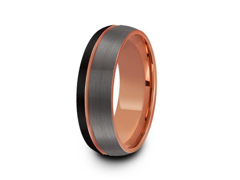 Rose Gold Tungsten Wedding Band - Brushed Polished - Engagement Ring - Three Tone - Dome Shaped - Comfort Fit 8mm - Vantani Wedding Bands