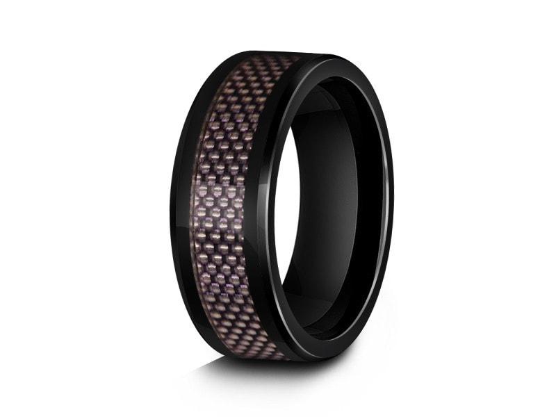 Black Ceramic Ring With Purple Carbon Fiber Inlay - Ceramic Wedding Band - Engagement Ring - Flat Shaped - Comfort Fit  8mm - Vantani Wedding Bands