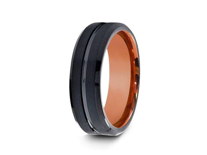 Black & Rose Gold Tungsten Wedding Band - Brushed Polished - Two Tone Ring - Engagement Band - Beveled Shaped - Comfort Fit 6mm - Vantani Wedding Bands