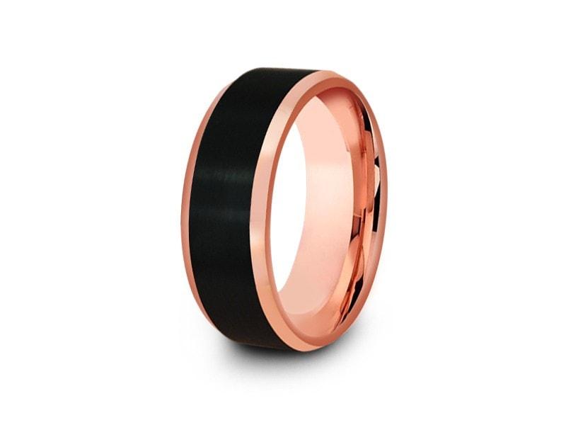 Black & Rose Gold Tungsten Wedding Band - Brushed Polished - Two Tone Ring - Engagement Band - Beveled Shaped - Comfort Fit 8mm - Vantani Wedding Bands