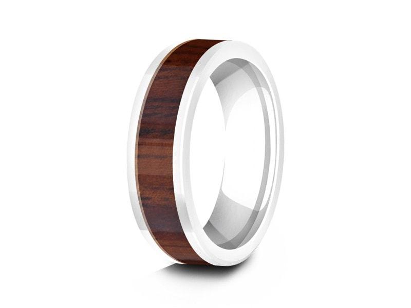 HAWAIIAN Koa Wood Inlay White Ceramic Ring - Ceramic Wedding Band - 5th. Anniversary - Flat Shaped - Engagement Ring -  Comfort Fit  6mm - Vantani Wedding Bands