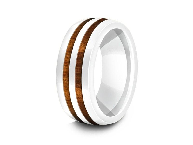 HAWAIIAN Koa Wood Inlay White Ceramic Ring - Ceramic Wedding Band - 5th. Anniversary - Dome Shaped - Engagement Ring - Comfort Fit  8mm - Vantani Wedding Bands