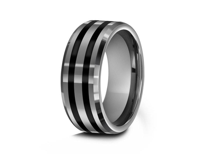 Tungsten Wedding Band With Black Enamel Lines - Gray Gunmetal - Engagement Ring - Two Tone Ring - Beveled Shaped - Comfort Fit 8mm - Vantani Wedding Bands