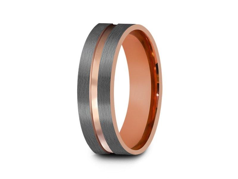 Rose Gold Tungsten Wedding Band - Gray Brushed Ring - Rose Gold Plated Inlay - Two Tone - Flat Shaped - Comfort Fit  6mm - Vantani Wedding Bands