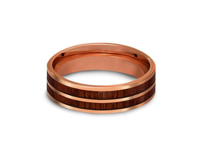 HAWAIIAN Koa Wood Inlay Tungsten Carbide Rose Gold Ring - Koa Wood Wedding Band - Engagement Band - Flat Shaped -  Comfort Fit  6mm - Vantani Wedding Bands