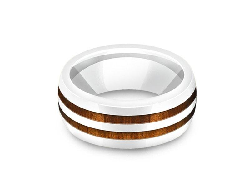 HAWAIIAN Koa Wood Inlay White Ceramic Ring - Ceramic Wedding Band - 5th. Anniversary - Dome Shaped - Engagement Ring - Comfort Fit  8mm - Vantani Wedding Bands