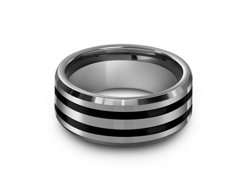 Tungsten Wedding Band With Black Enamel Lines - Gray Gunmetal - Engagement Ring - Two Tone Ring - Beveled Shaped - Comfort Fit 8mm - Vantani Wedding Bands