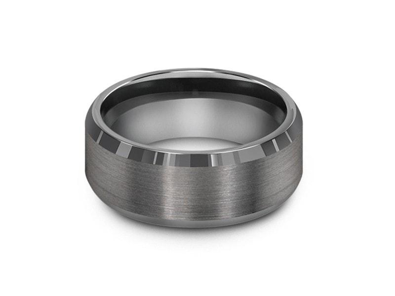 Brushed and Polished Tungsten Wedding Band - Gray Gunmetal - Engagement Ring - Beveled Shaped - Comfort Fit 8mm - Vantani Wedding Bands