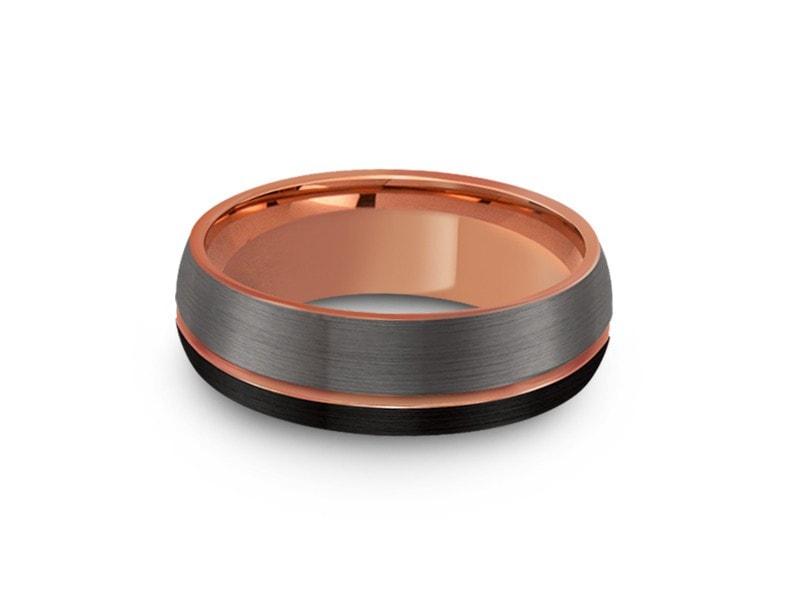 Rose Gold Tungsten Wedding Band - Brushed Polished - Engagement Ring - Three Tone - Dome Shaped - Comfort Fit 8mm - Vantani Wedding Bands