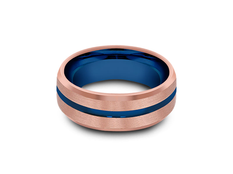 8MM BRUSHED ROSE GOLD TUNGSTEN WEDDING BAND BLUE CENTER AND BLUE INTERIOR