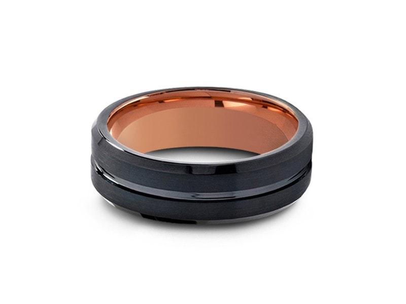 Black & Rose Gold Tungsten Wedding Band - Brushed Polished - Two Tone Ring - Engagement Band - Beveled Shaped - Comfort Fit 6mm - Vantani Wedding Bands