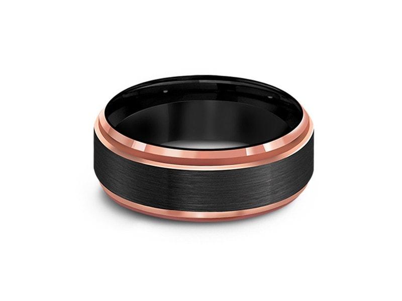 Brushed Tungsten Wedding Band - Rose Gold Inlay - Engagement Band - Two Tone Ring - Ridged Edges - Comfort Fit 8mm - Vantani Wedding Bands