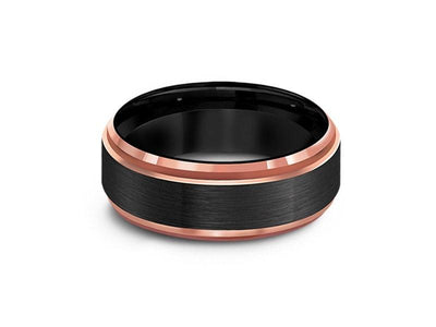 Brushed Tungsten Wedding Band - Rose Gold Inlay - Engagement Band - Two Tone Ring - Ridged Edges - Comfort Fit  8mm - Vantani Wedding Bands