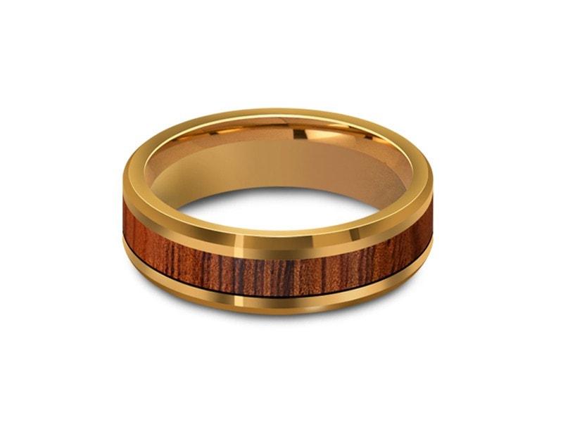 HAWAIIAN Koa Wood Inlay Tungsten Carbide Ring - Yellow Gold Plated - Koa Wood Wedding Band - Engagement Ring - Beveled Shaped - Comfort Fit 6mm - Vantani Wedding Bands