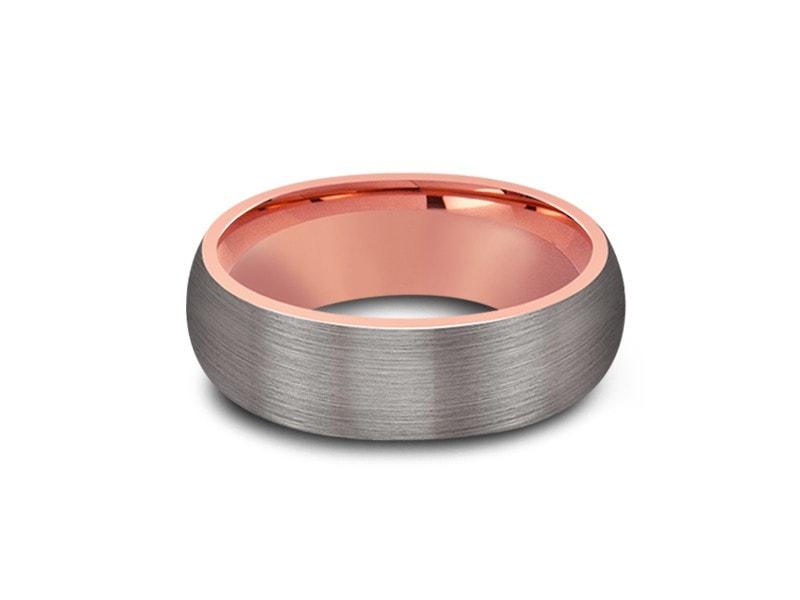 Rose Gold Tungsten Wedding Band - Gray Brushed Ring - Rose Gold Plated Inlay - Two Tone - Dome Shaped - Comfort Fit 8mm - Vantani Wedding Bands