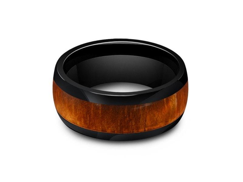 HAWAIIAN Koa Wood Inlay Black Ceramic Ring - Ceramic Wedding Band -5th.  Anniversary - Engagement Ring - Dome Shaped - Comfort Fit  8mm - Vantani Wedding Bands