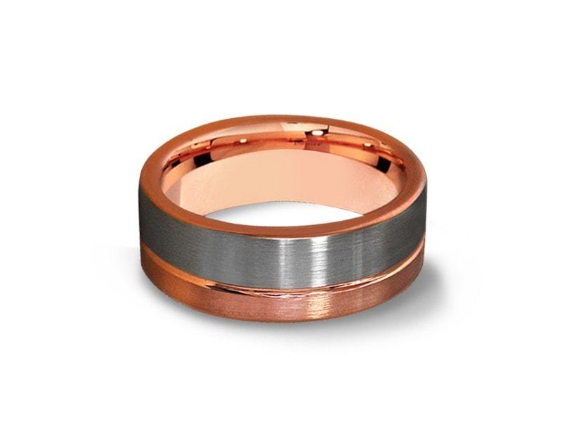 Rose Gold Tungsten Wedding Band - Brushed Polished - Engagement Ring - Two Tone - Flat Shaped - Comfort Fit 8mm - Vantani Wedding Bands