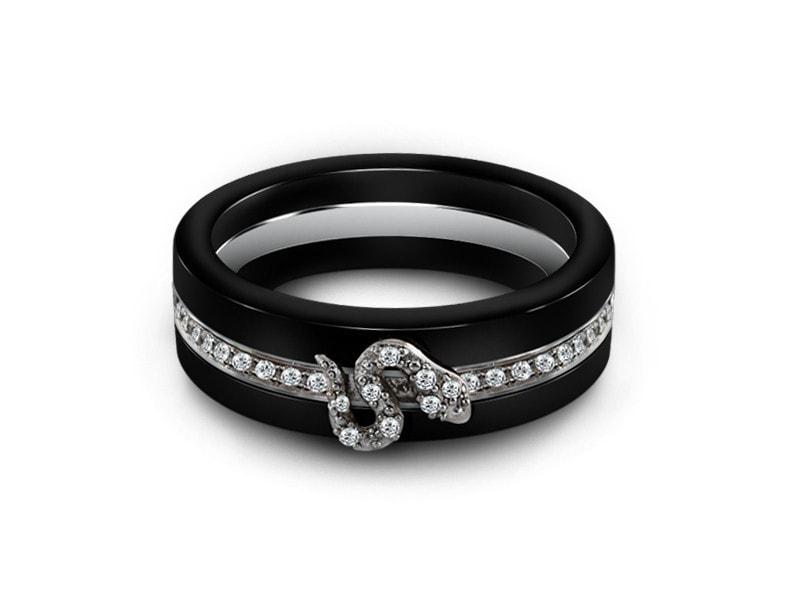 Black Ceramic Ring With CZ's Inlay - Wedding Band - Anniversary Ring - Engagement Band - Flat Shaped - Comfort Fit  6mm - Vantani Wedding Bands