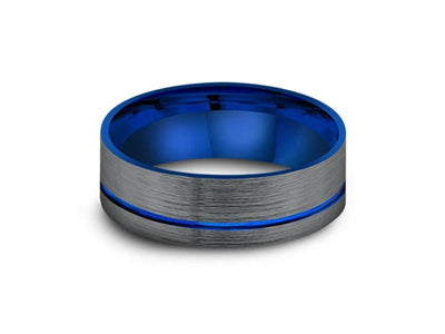 Brushed & Blue Tungsten Wedding Band - Engagement Ring - Gunmetal - Flat Pipe Shaped - Comfort Fit  8mm - Vantani Wedding Bands