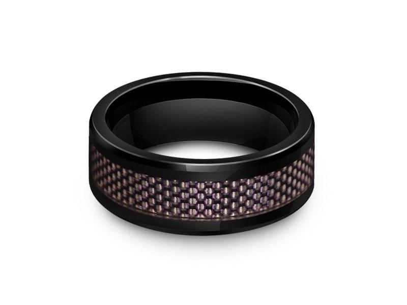 Black Ceramic Ring With Purple Carbon Fiber Inlay - Ceramic Wedding Band - Engagement Ring - Flat Shaped - Comfort Fit  8mm - Vantani Wedding Bands