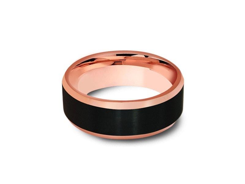 Black & Rose Gold Tungsten Wedding Band - Brushed Polished - Two Tone Ring - Engagement Band - Beveled Shaped - Comfort Fit 8mm - Vantani Wedding Bands